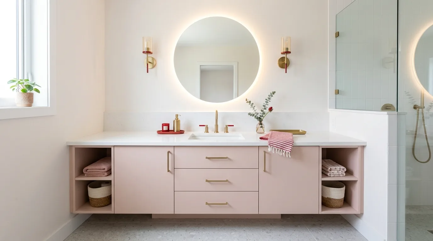 Joyful designed bathroom using sweet red and pink tones.